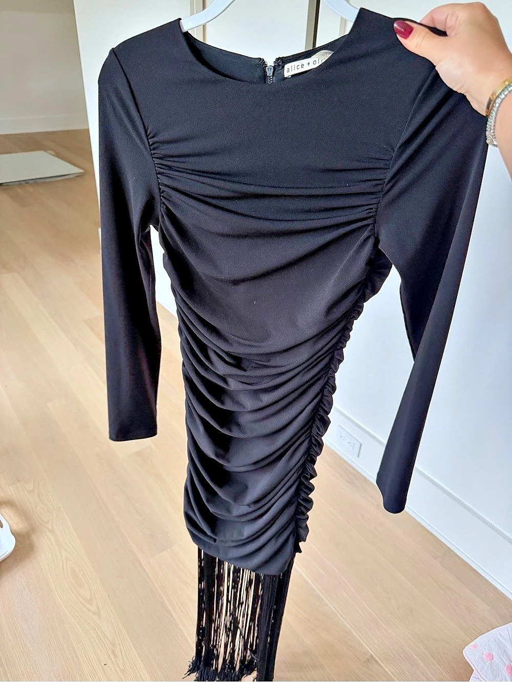 alice + olivia Black Ruched Fringe Mini Dress Like New